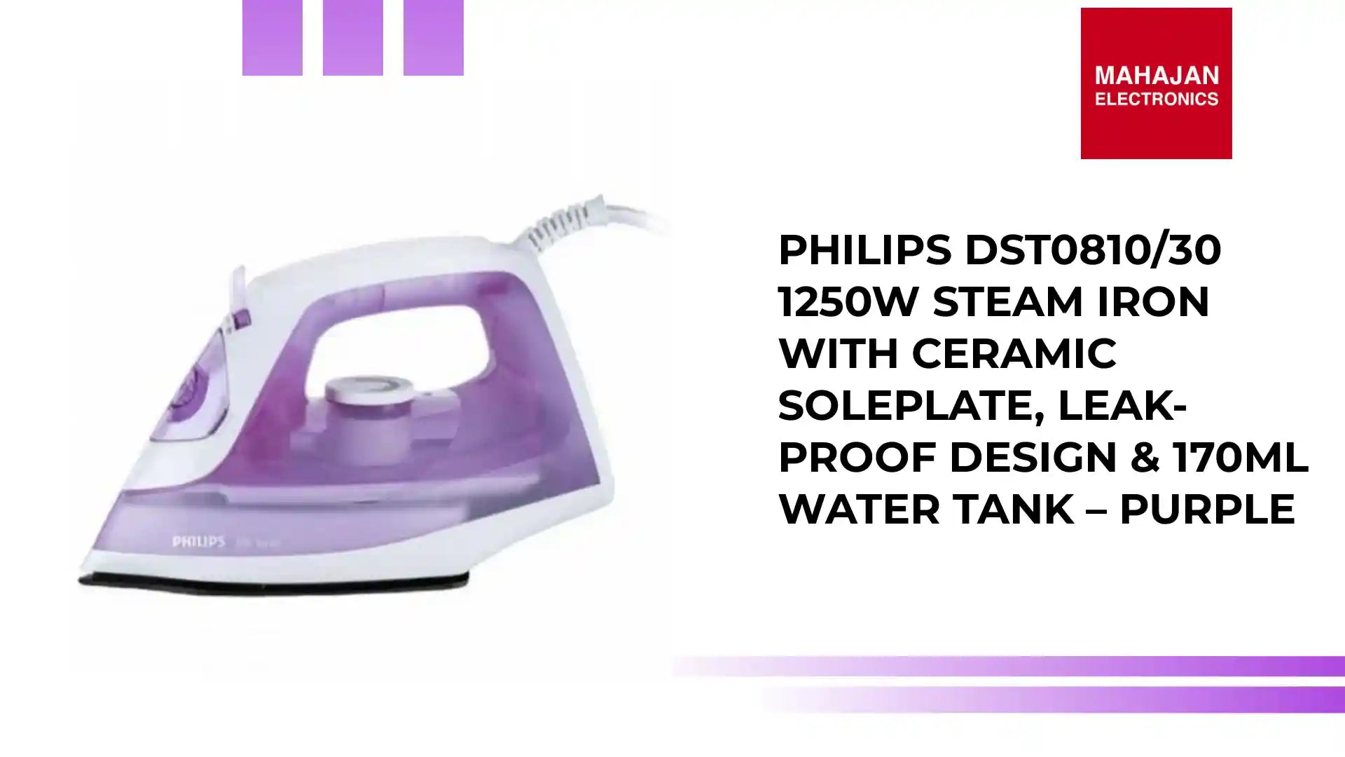 Philips DST0810/30 1250W Steam Iron with Ceramic Soleplate, Leak-Proof Design &amp; 170ml Water Tank &ndash; Purple by@Outfy