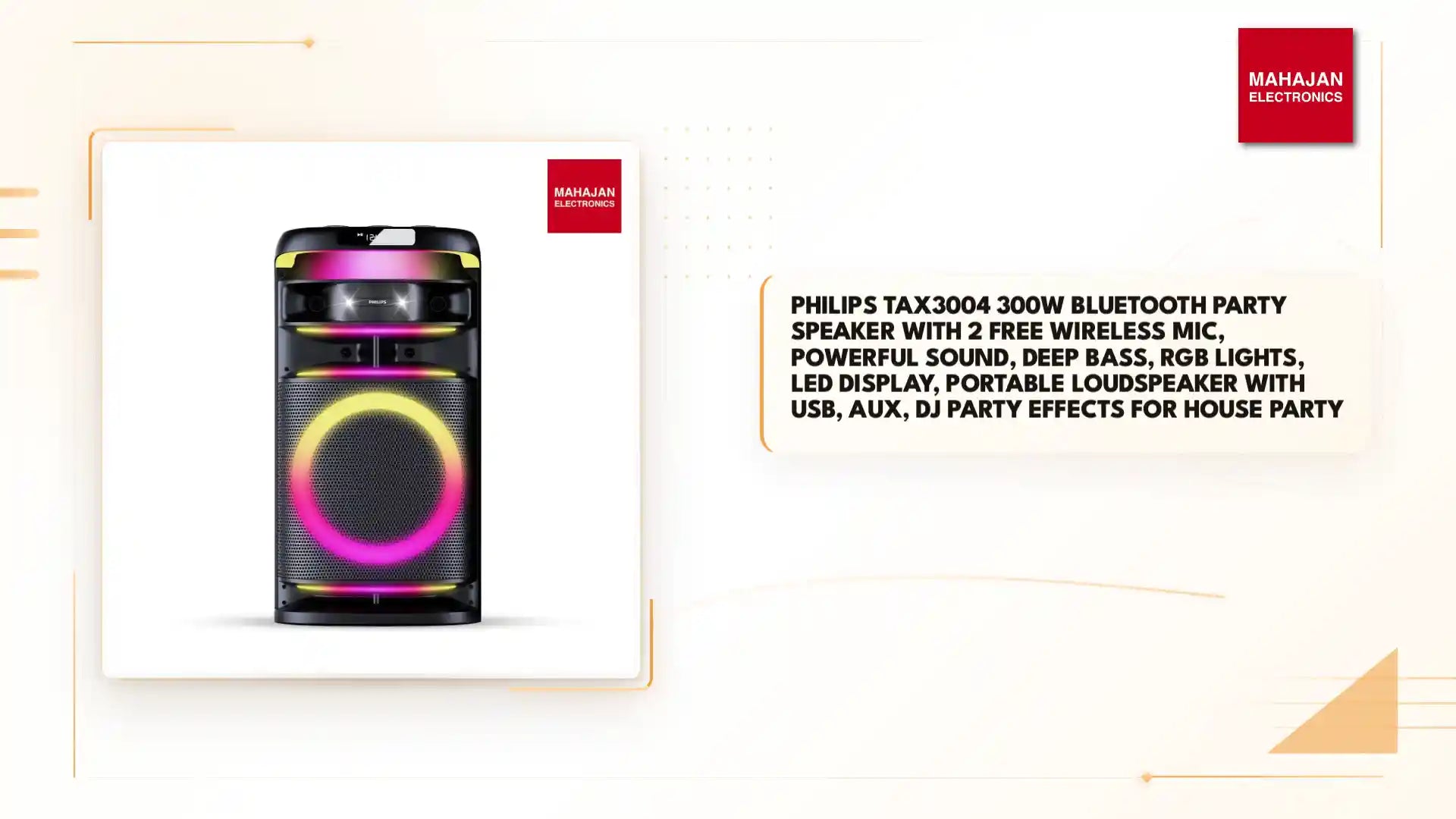 PHILIPS TAX3004 300W Bluetooth Party Speaker with 2 Free Wireless Mic, Powerful Sound, Deep Bass, RGB Lights, LED Display, Portable Loudspeaker with USB, AUX, DJ Party Effects for House Party by@Outfy