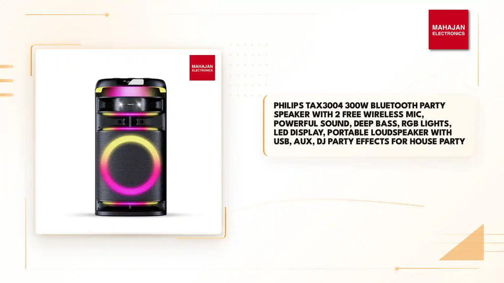 PHILIPS TAX3004 300W Bluetooth Party Speaker with 2 Free Wireless Mic, Powerful Sound, Deep Bass, RGB Lights, LED Display, Portable Loudspeaker with USB, AUX, DJ Party Effects for House Party by@Outfy