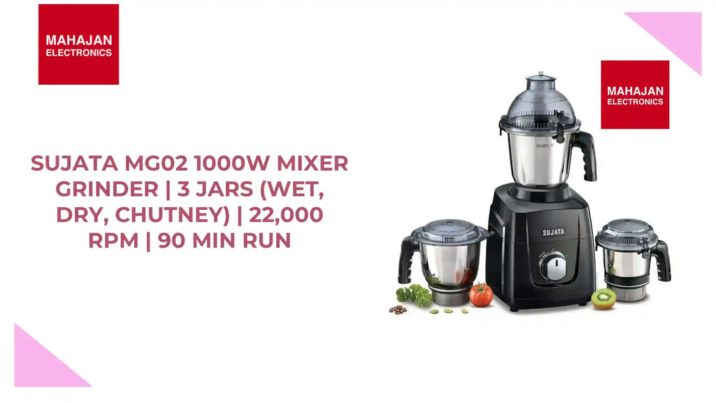 Sujata MG02 1000W Mixer Grinder | 3 Jars (Wet, Dry, Chutney) | 22,000 RPM | 90 Min Run by@Outfy