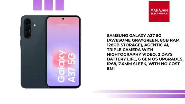 Samsung Galaxy A37 5G (Awesome Graygreen, 8GB RAM, 128GB Storage), Agentic AI, Triple Camera with Nightography Video, 2 Days Battery Life, 6 Gen OS Upgrades, IP68, 7.4mm Sleek, with No Cost EMI by@Outfy