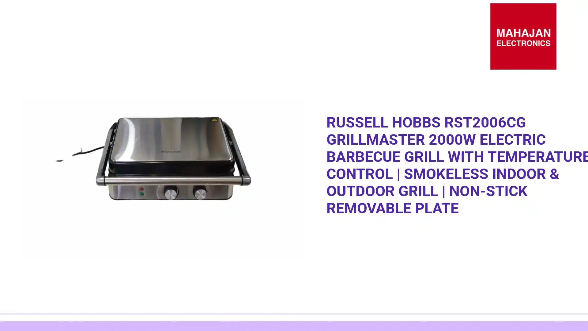 Russell Hobbs RST2006CG GrillMaster 2000W Electric Barbecue Grill with Temperature Control | Smokeless Indoor &amp; Outdoor Grill | Non-Stick Removable Plate by@Outfy
