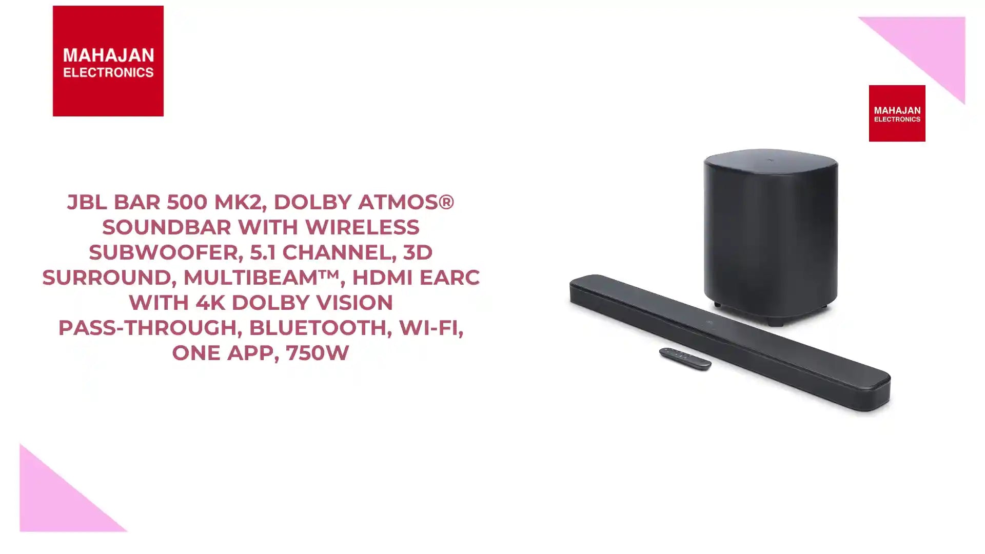 JBL Bar 500 MK2, Dolby Atmos&reg; Soundbar with Wireless Subwoofer, 5.1 Channel, 3D Surround, Multibeam&trade;, HDMI eARC with 4K Dolby Vision Pass-Through, Bluetooth, Wi-Fi, One App, 750W by@Outfy