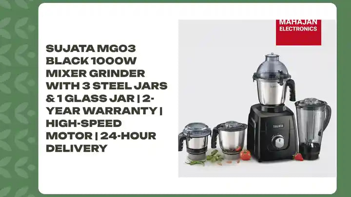 Sujata MG03 Black 1000W Mixer Grinder with 3 Steel Jars & 1 Glass Jar | 2-Year Warranty | High-Speed Motor | 24-Hour Delivery by@Outfy