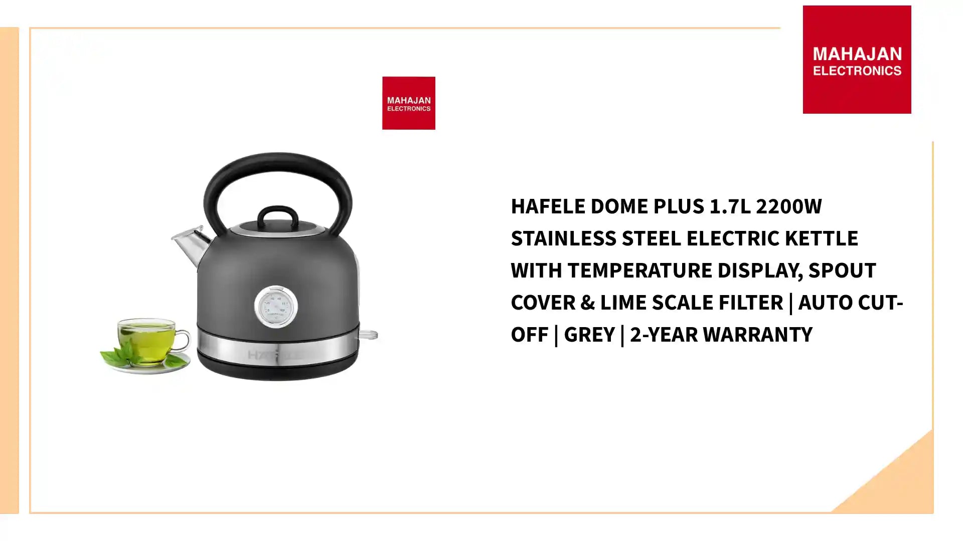 Hafele Dome Plus 1.7L 2200W Stainless Steel Electric Kettle with Temperature Display, Spout Cover &amp; Lime Scale Filter | Auto Cut-Off | Grey | 2-Year Warranty by@Outfy