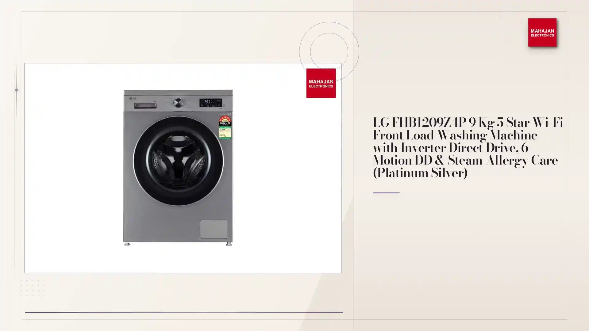 LG FHB1209Z4P 9 Kg 5 Star Wi-Fi Front Load Washing Machine with Inverter Direct Drive, 6 Motion DD &amp; Steam Allergy Care (Platinum Silver) by@Outfy