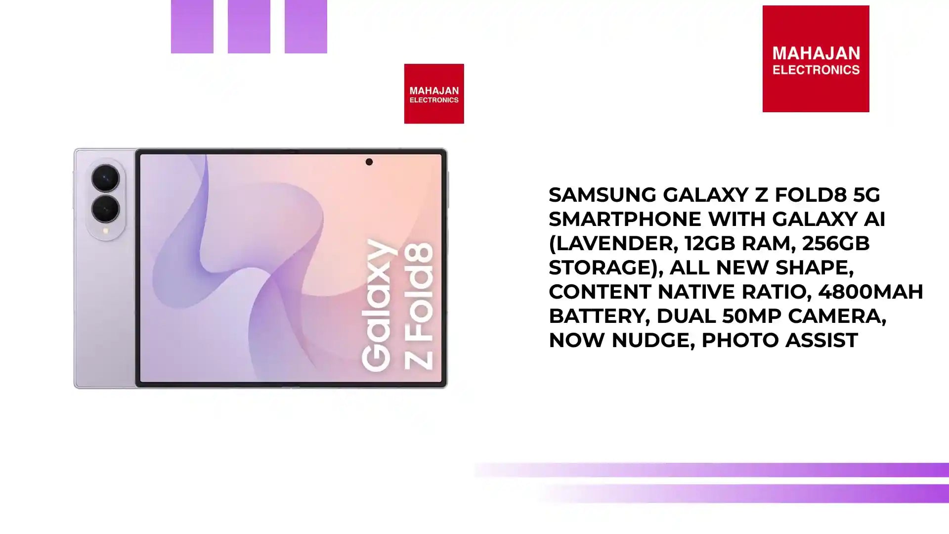 Samsung Galaxy Z Fold8 5G Smartphone with Galaxy AI (Lavender, 12GB RAM, 256GB Storage), All New Shape, Content Native Ratio, 4800mAh Battery, Dual 50MP Camera, Now Nudge, Photo Assist by@Outfy