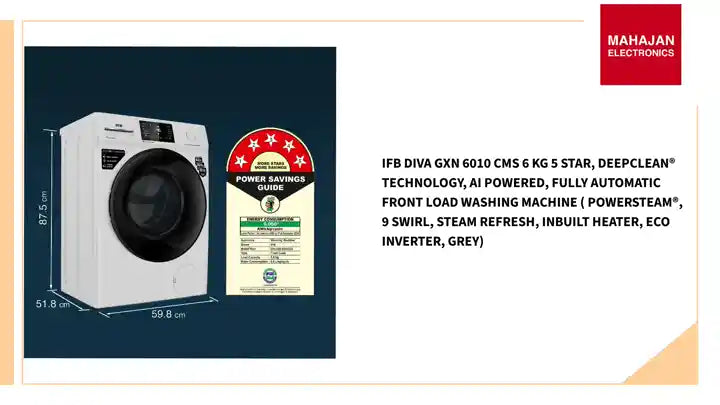 IFB DIVA GXN 6010 CMS 6 Kg 5 Star, DeepClean&reg; Technology, AI Powered, Fully Automatic Front Load Washing Machine ( PowerSteam&reg;, 9 Swirl, Steam Refresh, Inbuilt Heater, Eco Inverter, Grey) by@Outfy