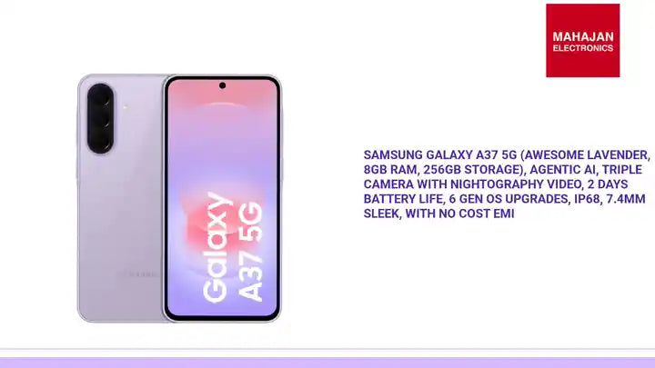 Samsung Galaxy A37 5G (Awesome Lavender, 8GB RAM, 256GB Storage), Agentic AI, Triple Camera with Nightography Video, 2 Days Battery Life, 6 Gen OS Upgrades, IP68, 7.4mm Sleek, with No Cost EMI by@Outfy