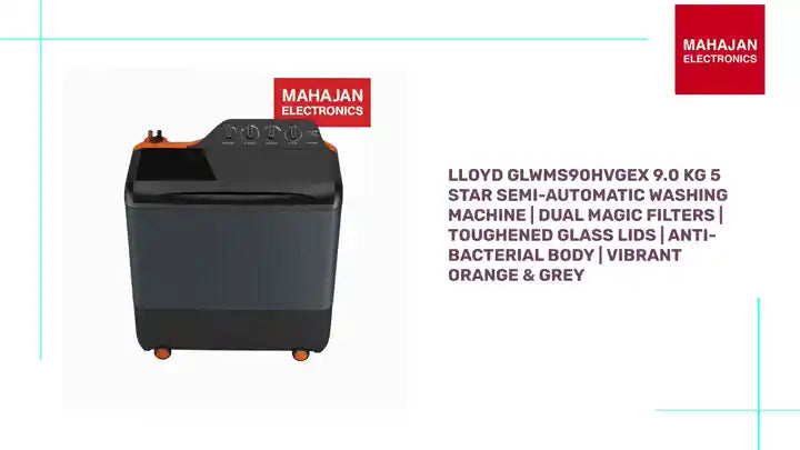 Lloyd GLWMS90HVGEX 9.0 Kg 5 Star Semi-Automatic Washing Machine | Dual Magic Filters | Toughened Glass Lids | Anti-Bacterial Body | Vibrant Orange &amp; Grey by@Outfy