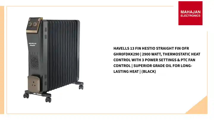 Havells 13 Fin Hestio Straight Fin OFR GHR0FDKK290 | 2900 Watt, Thermostatic heat control with 3 power settings &amp; PTC fan control | Superior grade oil for long-lasting heat | (Black) by@Outfy