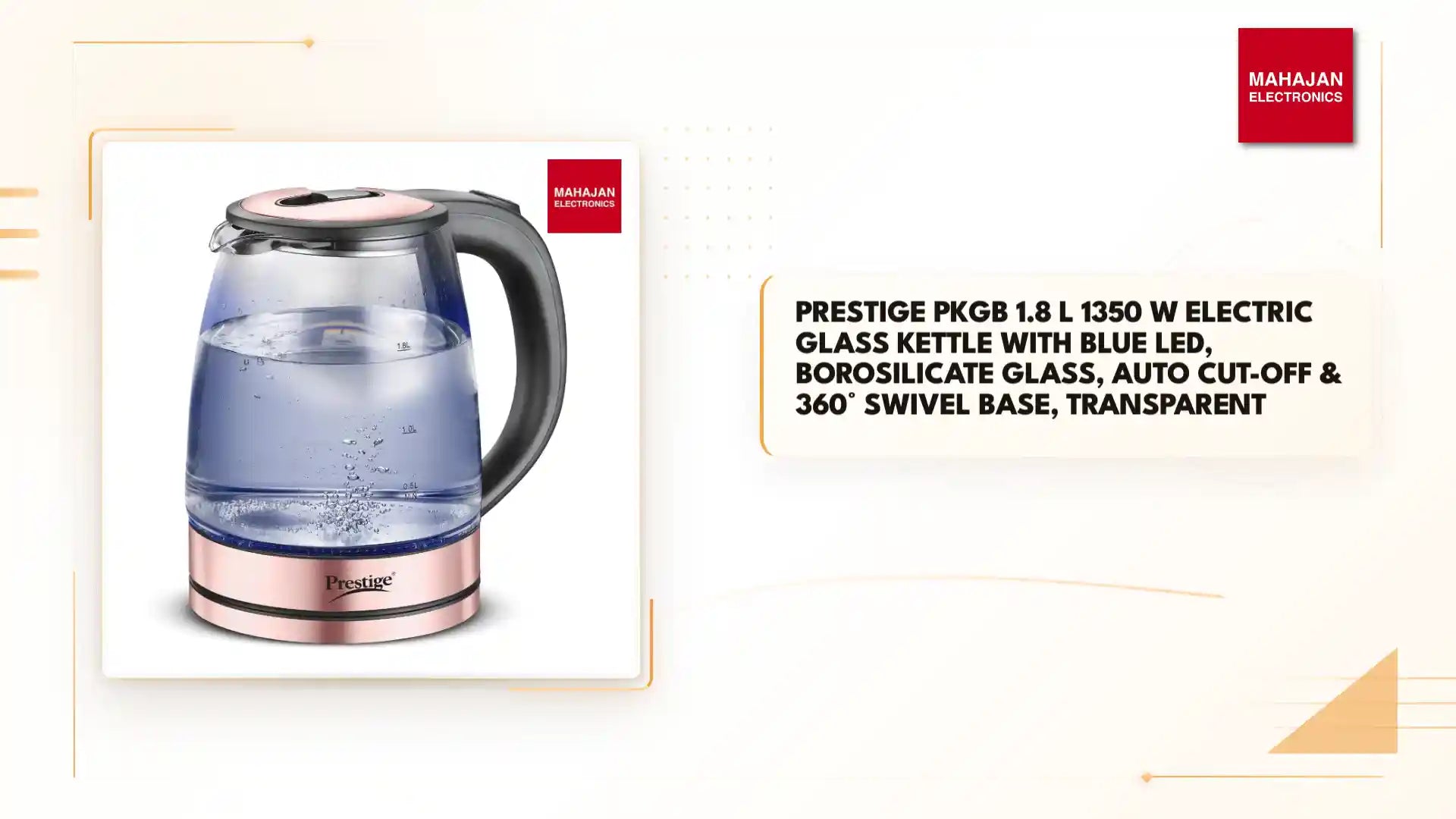 Prestige PKGB 1.8 L 1350 W Electric Glass Kettle with Blue LED, Borosilicate Glass, Auto Cut-Off &amp; 360&deg; Swivel Base, Transparent by@Outfy
