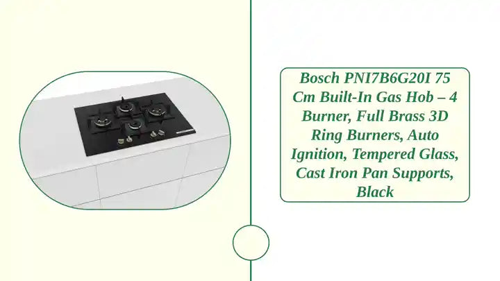 Bosch PNI7B6G20I 75 cm Built-in Gas Hob &ndash; 4 Burner, Full Brass 3D Ring Burners, Auto Ignition, Tempered Glass, Cast Iron Pan Supports, Black by@Outfy