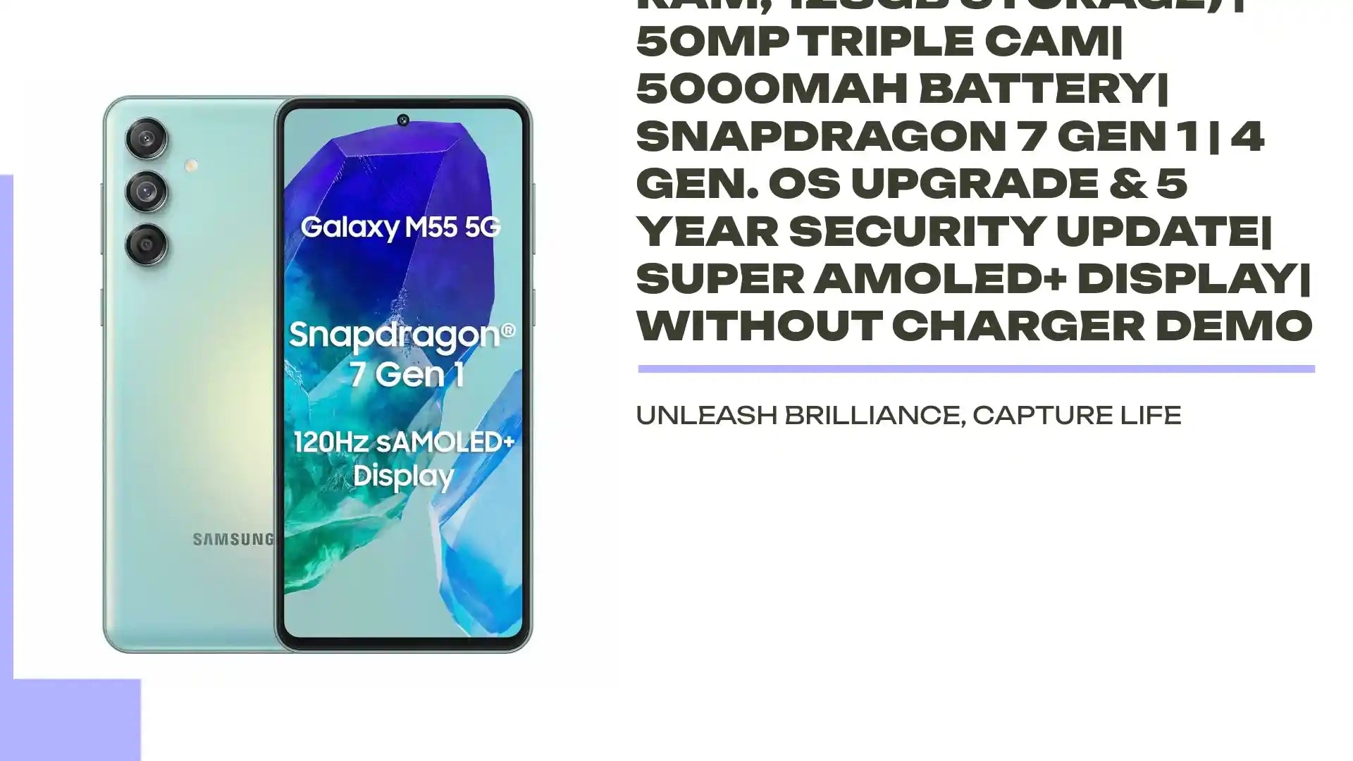 Samsung Galaxy M55 5G (Light Green,8GB RAM, 128GB Storage) | 50MP Triple Cam| 5000mAh Battery| Snapdragon 7 Gen 1 | 4 Gen. OS Upgrade &amp; 5 Year Security Update| Super AMOLED+ Display| Without Charger Demo by@Outfy
