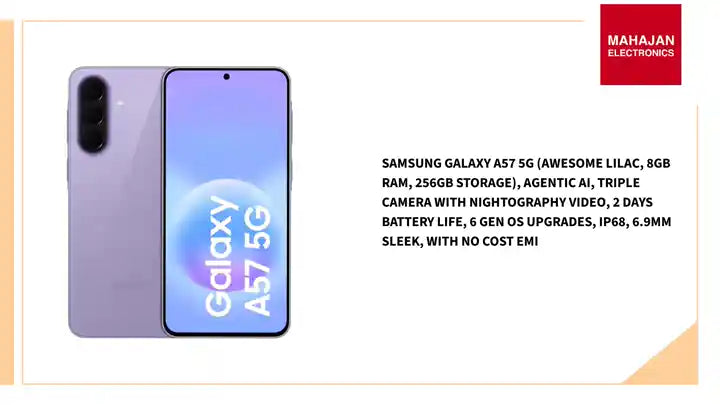 Samsung Galaxy A57 5G (Awesome Lilac, 8GB RAM, 256GB Storage), Agentic AI, Triple Camera with Nightography Video, 2 Days Battery Life, 6 Gen OS Upgrades, IP68, 6.9mm Sleek, with No Cost EMI by@Outfy