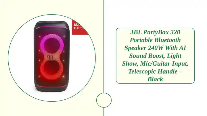 JBL PartyBox 320 Portable Bluetooth Speaker 240W with AI Sound Boost, Light Show, Mic/Guitar Input, Telescopic Handle &ndash; Black by@Outfy
