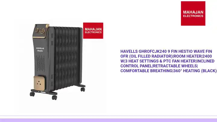 Havells GHROFCJK240 9 Fin Hestio Wave Fin OFR (Oil Filled Radiator)|Room Heater|2400 W|3 Heat Settings & PTC Fan Heater|Inclined Control Panel|Retractable Wheels| Comfortable Breathing|360&deg; Heating (Black) by@Outfy