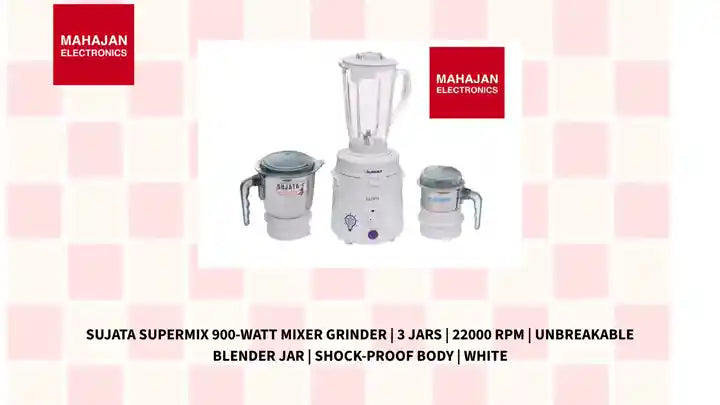 Sujata Supermix 900-Watt Mixer Grinder | 3 Jars | 22000 RPM | Unbreakable Blender Jar | Shock-Proof Body | White by@Outfy