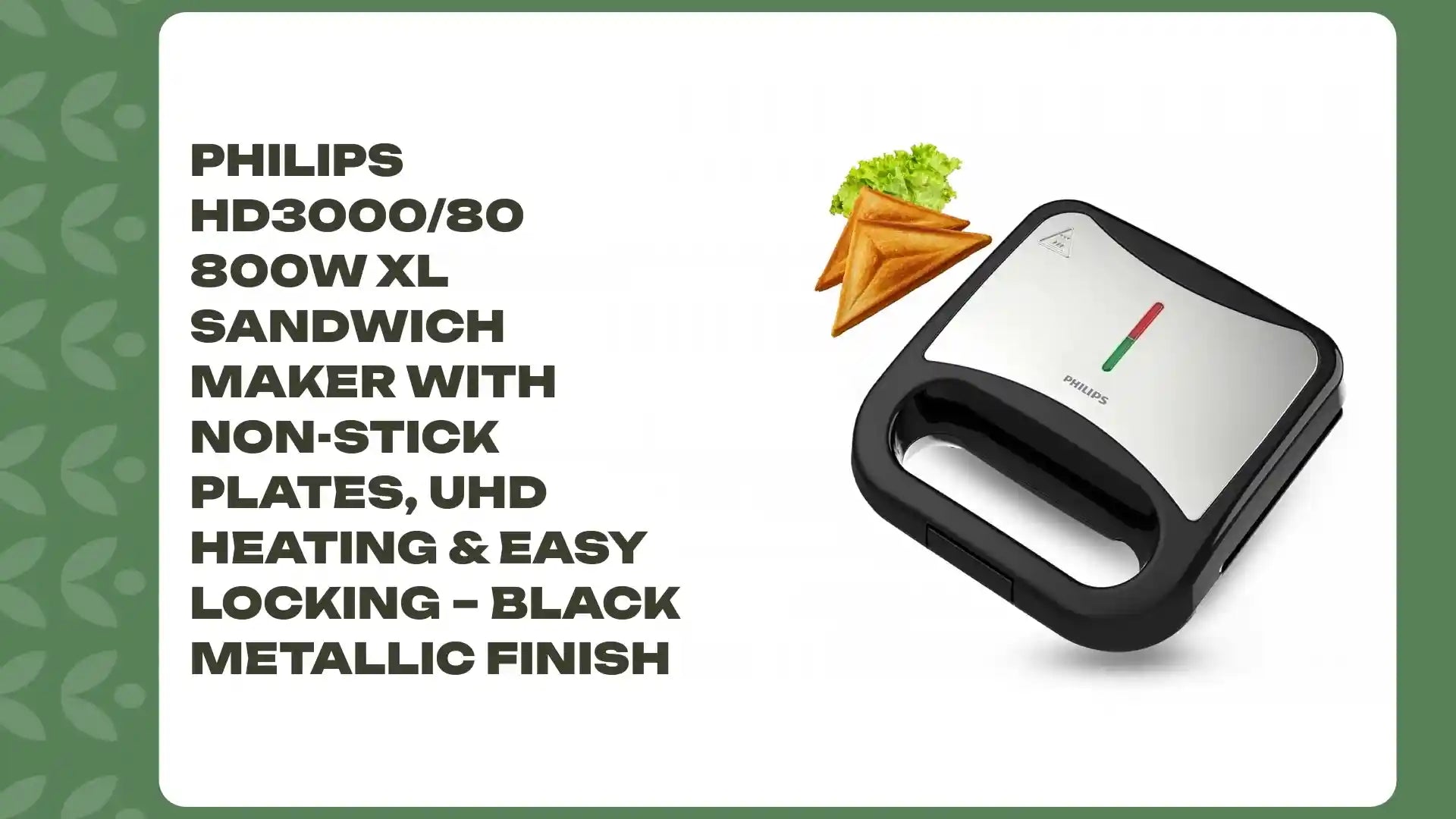 Philips HD3000/80 800W XL Sandwich Maker with Non-Stick Plates, UHD Heating &amp; Easy Locking &ndash; Black Metallic Finish by@Outfy