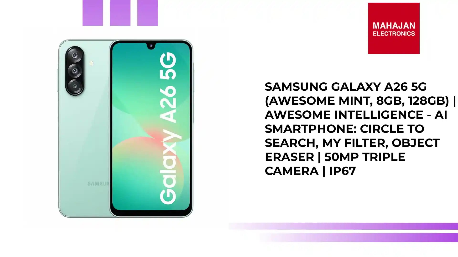 Samsung Galaxy A26 5G (Awesome Mint, 8GB, 128GB) | Awesome Intelligence - AI Smartphone: Circle to Search, My Filter, Object Eraser | 50MP Triple Camera | IP67 by@Outfy