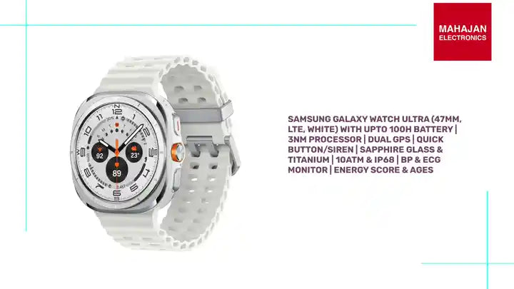 Samsung Galaxy Watch Ultra (47mm, LTE, White) with Upto 100h battery | 3nm Processor | Dual GPS | Quick Button/Siren | Sapphire Glass &amp; Titanium | 10ATM &amp; IP68 | BP &amp; ECG Monitor | Energy Score &amp; AGEs by@Outfy