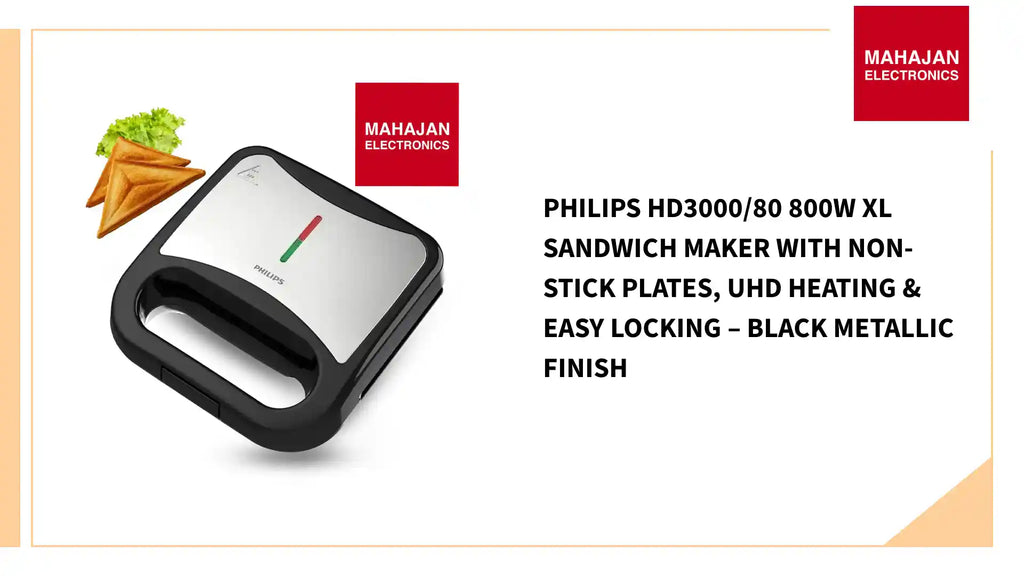 Philips HD3000/80 800W XL Sandwich Maker with Non-Stick Plates, UHD Heating & Easy Locking &ndash; Black Metallic Finish by@Outfy