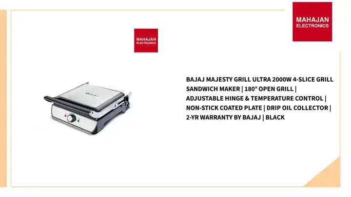Bajaj Majesty Grill Ultra 2000W 4-Slice Grill Sandwich Maker | 180&deg; Open Grill | Adjustable Hinge &amp; Temperature Control | Non-Stick Coated Plate | Drip Oil Collector | 2-Yr Warranty by Bajaj | Black by@Outfy