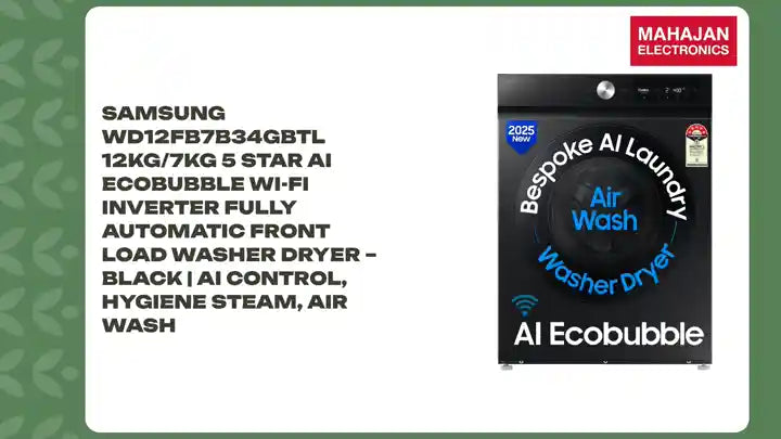 Samsung WD12FB7B34GBTL 12kg/7kg 5 Star AI EcoBubble Wi-Fi Inverter Fully Automatic Front Load Washer Dryer &ndash; Black | AI Control, Hygiene Steam, Air Wash by@Outfy