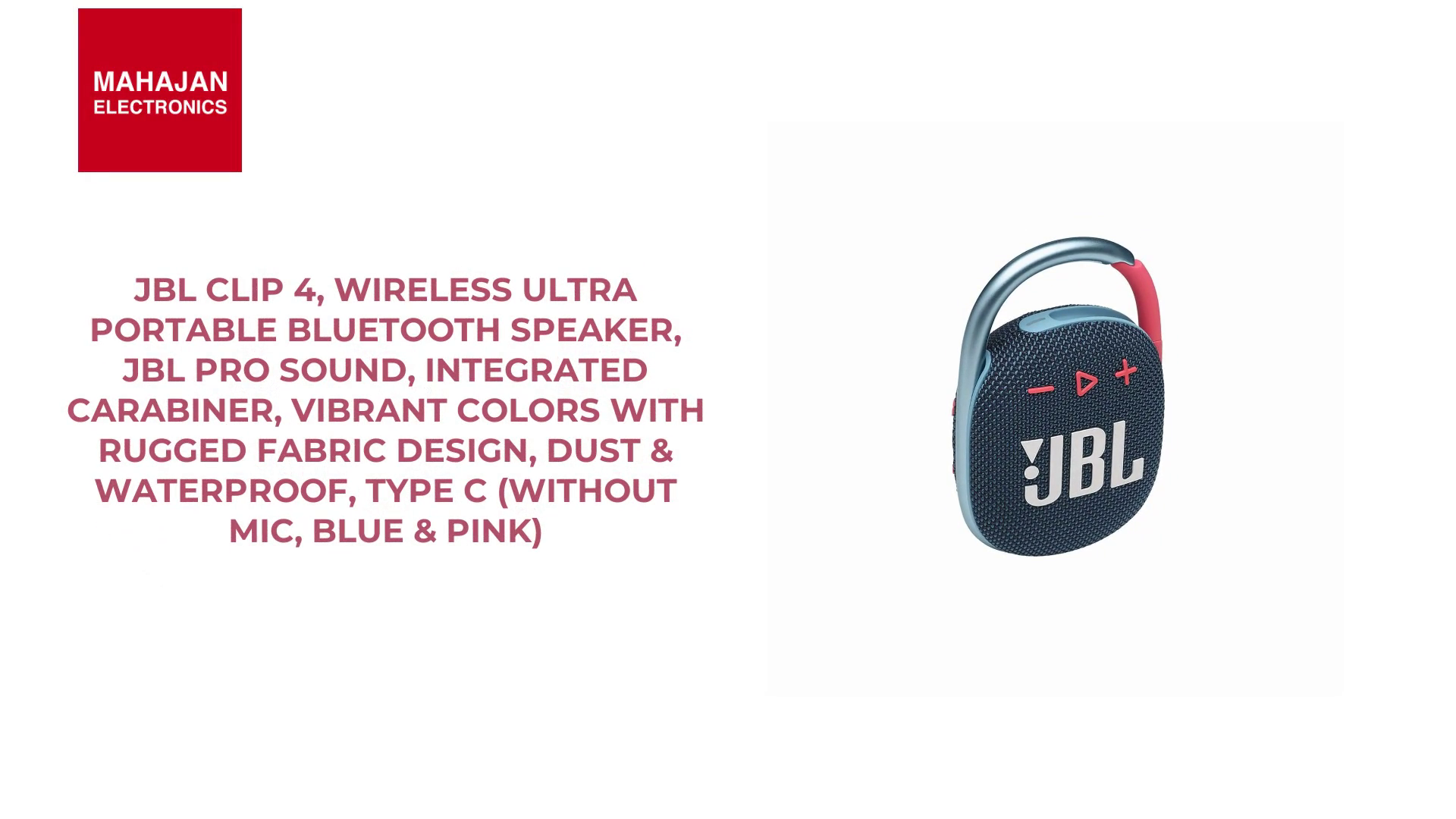 JBL Clip 4, Wireless Ultra Portable Bluetooth Speaker, JBL Pro Sound, Integrated Carabiner, Vibrant Colors with Rugged Fabric Design, Dust &amp; Waterproof, Type C (Without Mic, Blue &amp; Pink) by@Outfy