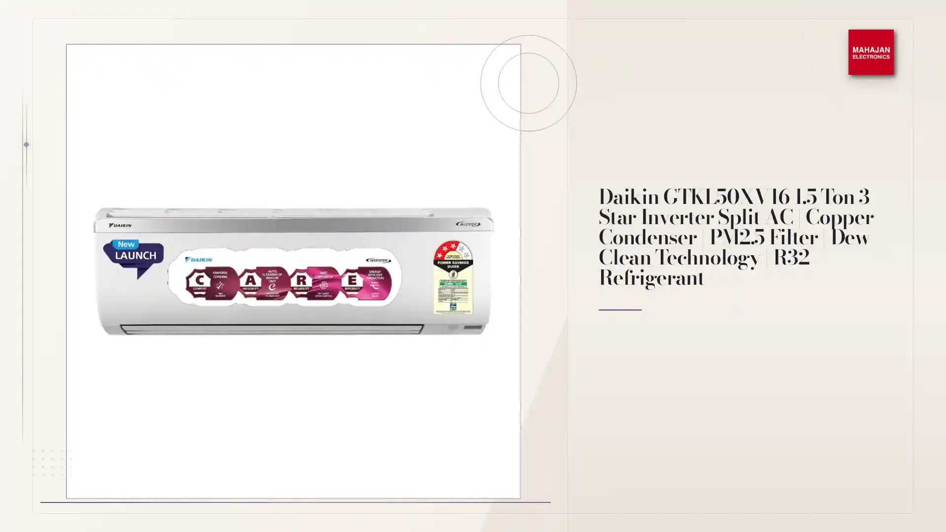 Daikin GTKL50XV16 1.5 Ton 3 Star Inverter Split AC | Copper Condenser | PM2.5 Filter | Dew Clean Technology | R32 Refrigerant by@Outfy