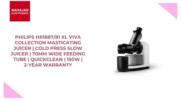 Philips HR1887/81 XL Viva Collection Masticating Juicer | Cold Press Slow Juicer | 70mm Wide Feeding Tube | QuickClean | 150W | 2-Year Warranty by@Outfy