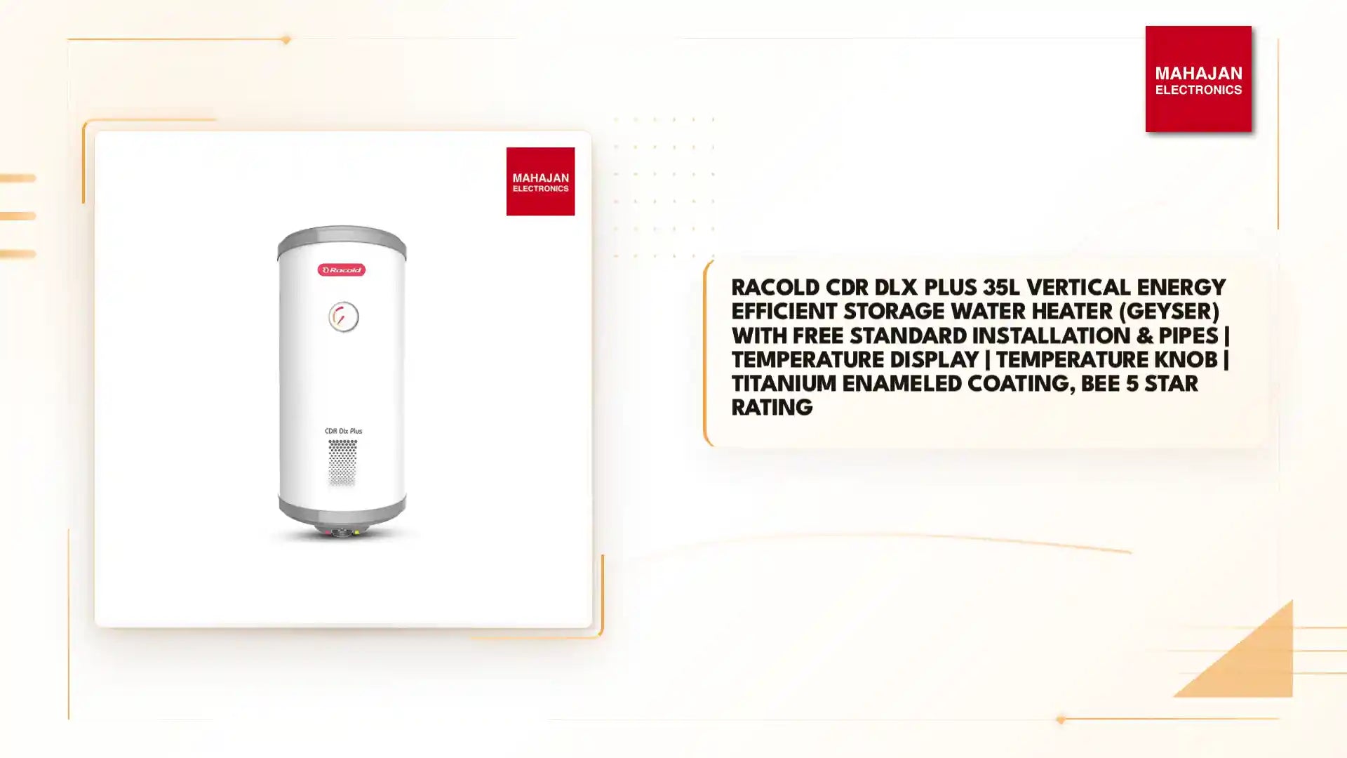 Racold CDR DLX Plus 35L Vertical Energy Efficient Storage Water Heater (Geyser) with Free Standard Installation &amp; Pipes | Temperature Display | Temperature Knob | Titanium Enameled Coating, BEE 5 star rating by@Outfy
