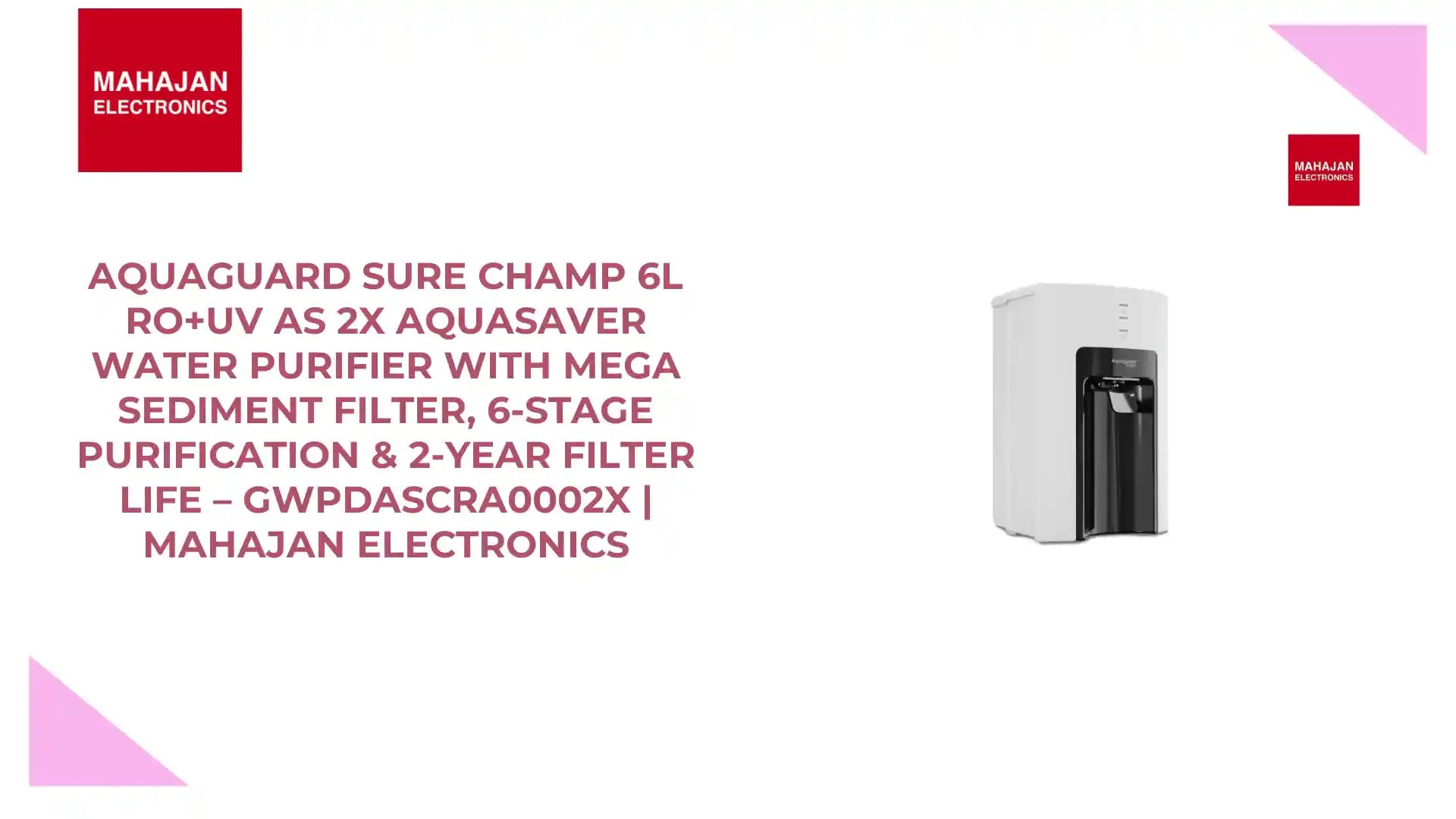Aquaguard Sure Champ 6L RO+UV AS 2X AQUASAVER Water Purifier with Mega Sediment Filter, 6-Stage Purification &amp; 2-Year Filter Life &ndash; GWPDASCRA0002X | Mahajan Electronics by@Outfy