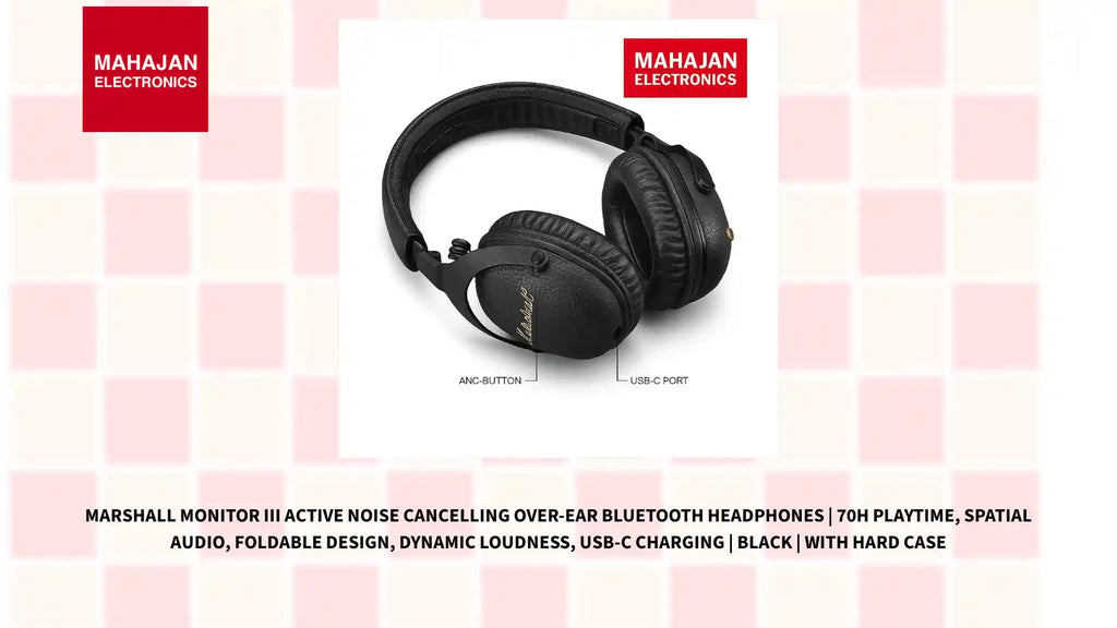 Marshall Monitor III Active Noise Cancelling Over-Ear Bluetooth Headphones | 70H Playtime, Spatial Audio, Foldable Design, Dynamic Loudness, USB-C Charging | Black | With Hard Case by@Outfy