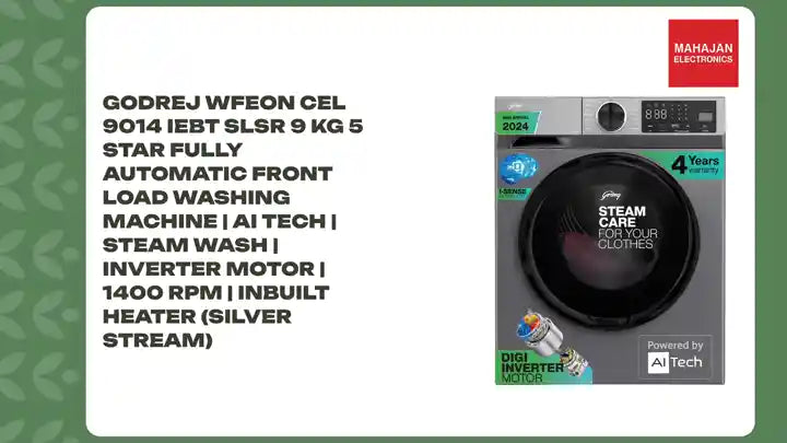 Godrej WFEON CEL 9014 IEBT SLSR 9 Kg 5 Star Fully Automatic Front Load Washing Machine | AI Tech | Steam Wash | Inverter Motor | 1400 RPM | Inbuilt Heater (Silver Stream) by@Outfy