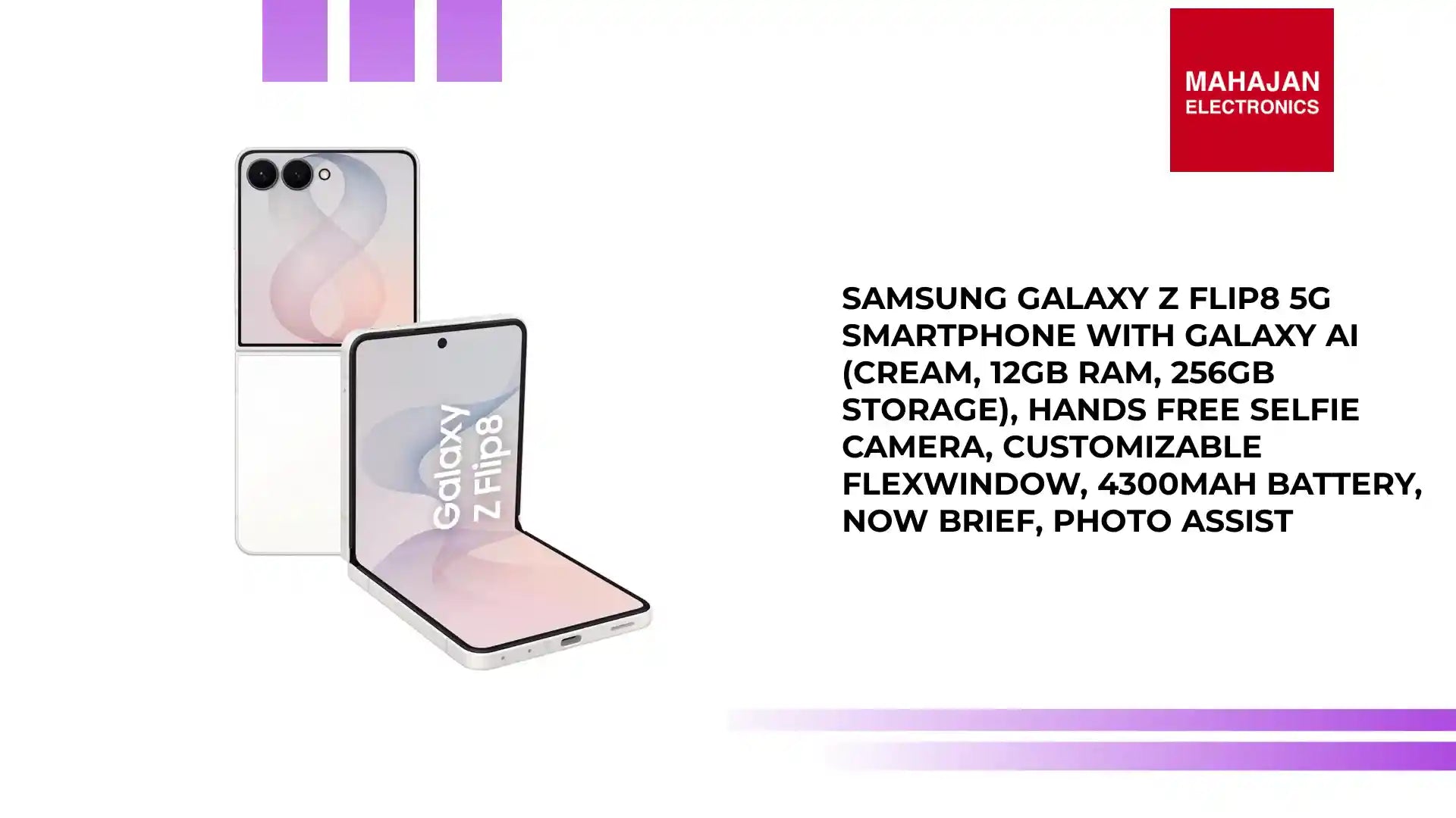 Samsung Galaxy Z Flip8 5G Smartphone with Galaxy AI (Cream, 12GB RAM, 256GB Storage), Hands Free Selfie Camera, Customizable FlexWindow, 4300mAh Battery, Now Brief, Photo Assist by@Outfy