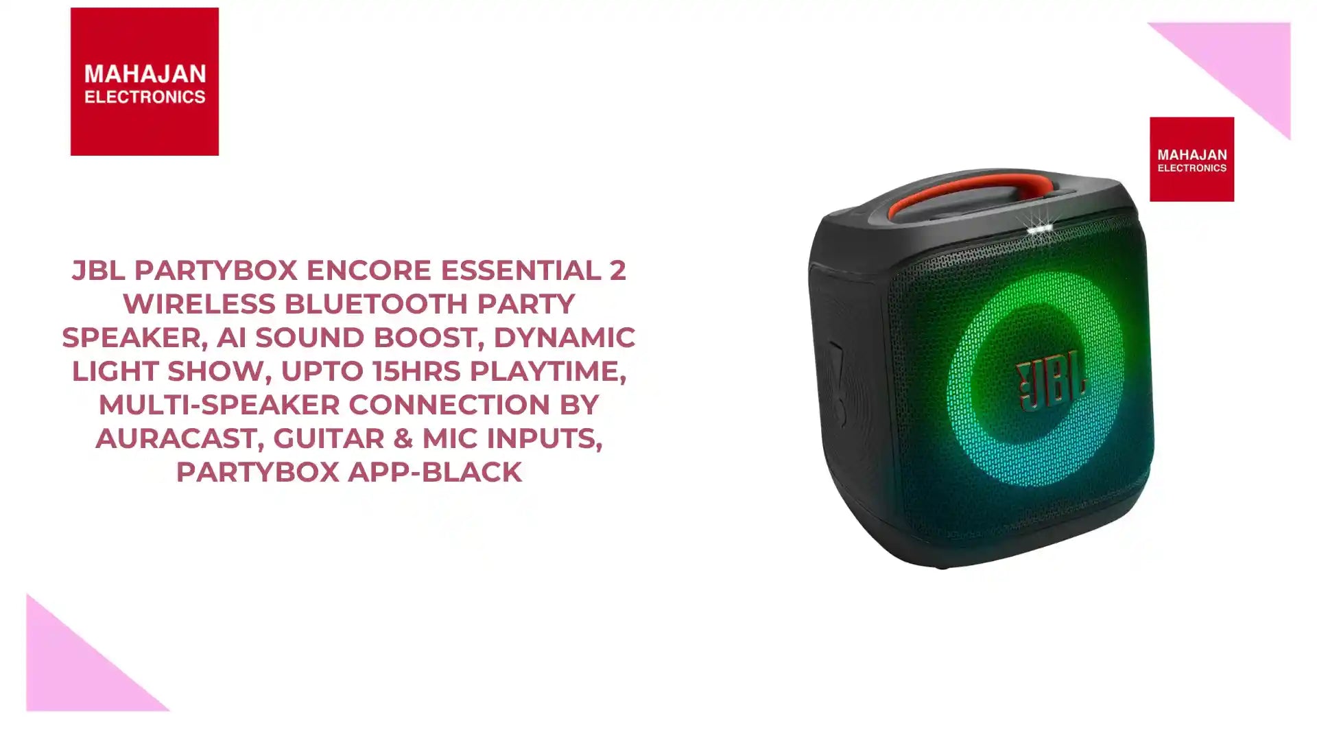 JBL Partybox Encore Essential 2 Wireless Bluetooth Party Speaker, AI Sound Boost, Dynamic Light Show, Upto 15Hrs Playtime, Multi-Speaker Connection by Auracast, Guitar &amp; Mic Inputs, PartyBox App-Black by@Outfy