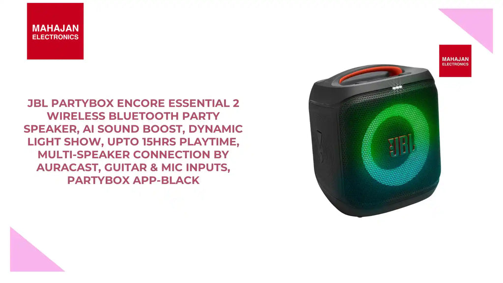 JBL Partybox Encore Essential 2 Wireless Bluetooth Party Speaker, AI Sound Boost, Dynamic Light Show, Upto 15Hrs Playtime, Multi-Speaker Connection by Auracast, Guitar & Mic Inputs, PartyBox App-Black by@Outfy