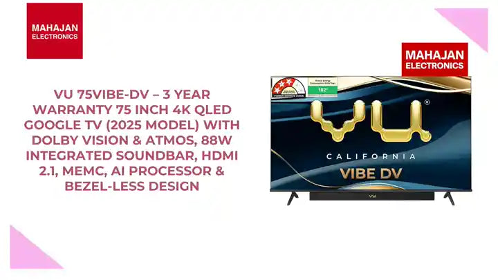 VU 75VIBE-DV &ndash; 3 Year Warranty 75 Inch 4K QLED Google TV (2025 Model) with Dolby Vision &amp; Atmos, 88W Integrated Soundbar, HDMI 2.1, MEMC, AI Processor &amp; Bezel-Less Design by@Outfy