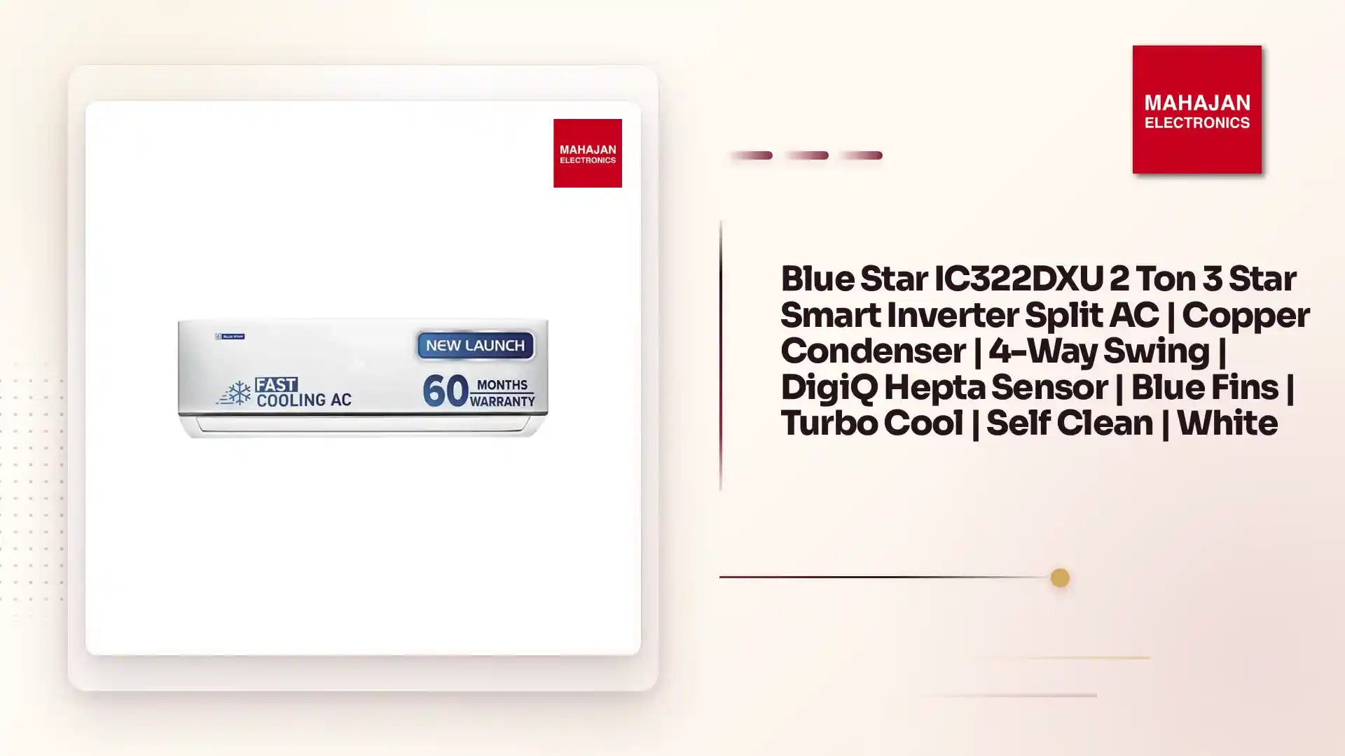 Blue Star IC322DXU 2 Ton 3 Star Smart Inverter Split AC | Copper Condenser | 4-Way Swing | DigiQ Hepta Sensor | Blue Fins | Turbo Cool | Self Clean | White by@Outfy