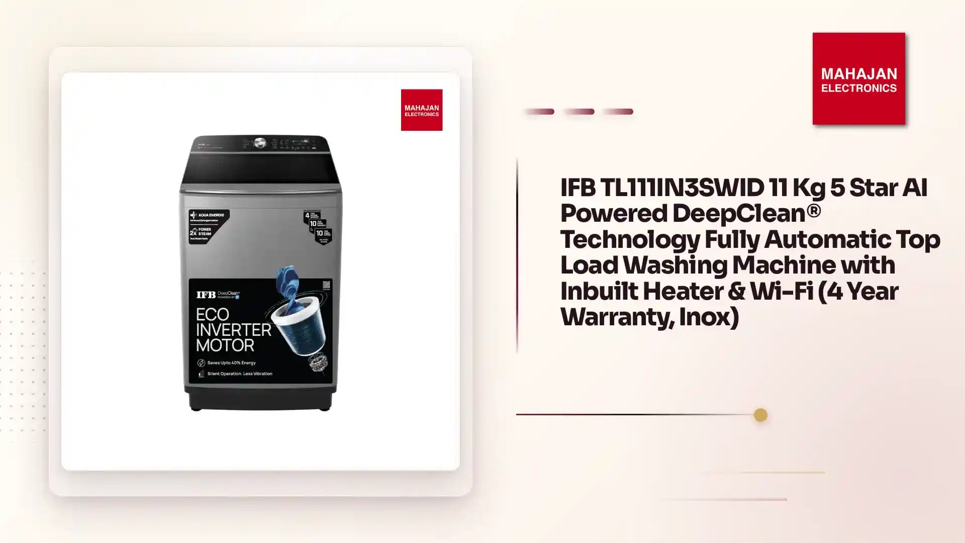 IFB TL111IN3SWID 11 Kg 5 Star AI Powered DeepClean&reg; Technology Fully Automatic Top Load Washing Machine with Inbuilt Heater &amp; Wi-Fi (4 Year Warranty, Inox) by@Outfy