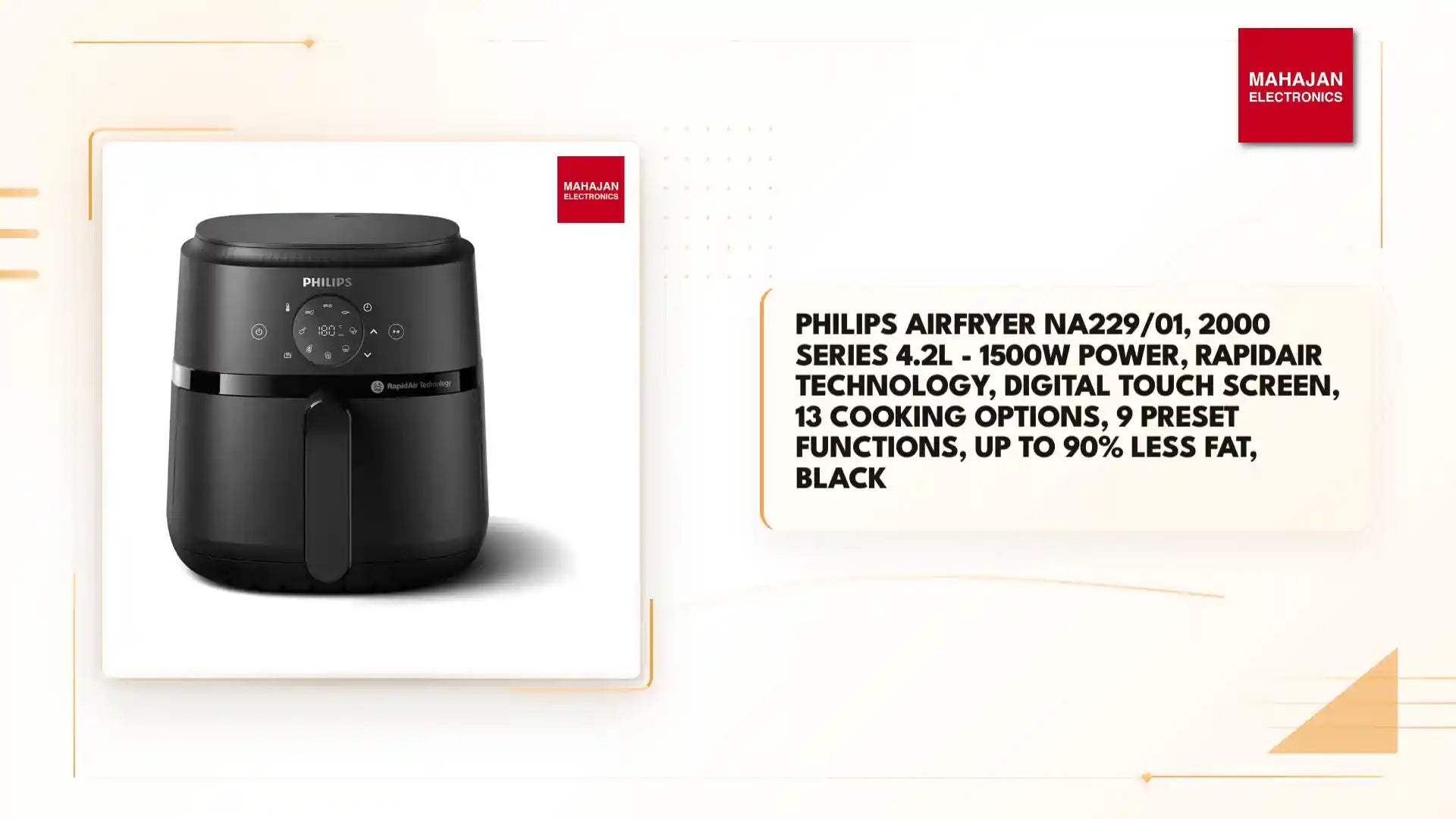 Philips Airfryer NA229/01, 2000 Series 4.2L - 1500W power, RapidAir technology, digital touch screen, 13 cooking options, 9 preset functions, Up to 90% less fat, Black by@Outfy
