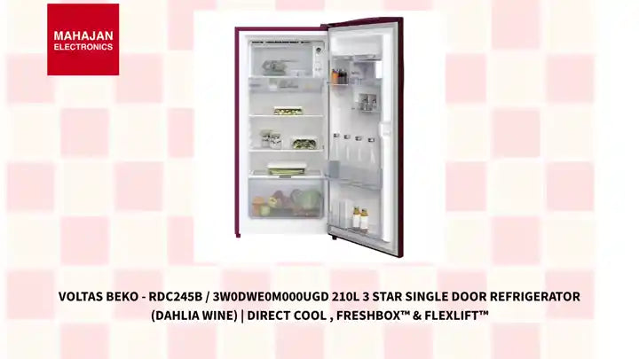 Voltas Beko - RDC245B / 3W0DWE0M000UGD 210L 3 Star Single Door Refrigerator (Dahlia Wine) | Direct Cool , FreshBox&trade; &amp; FlexLift&trade; by@Outfy
