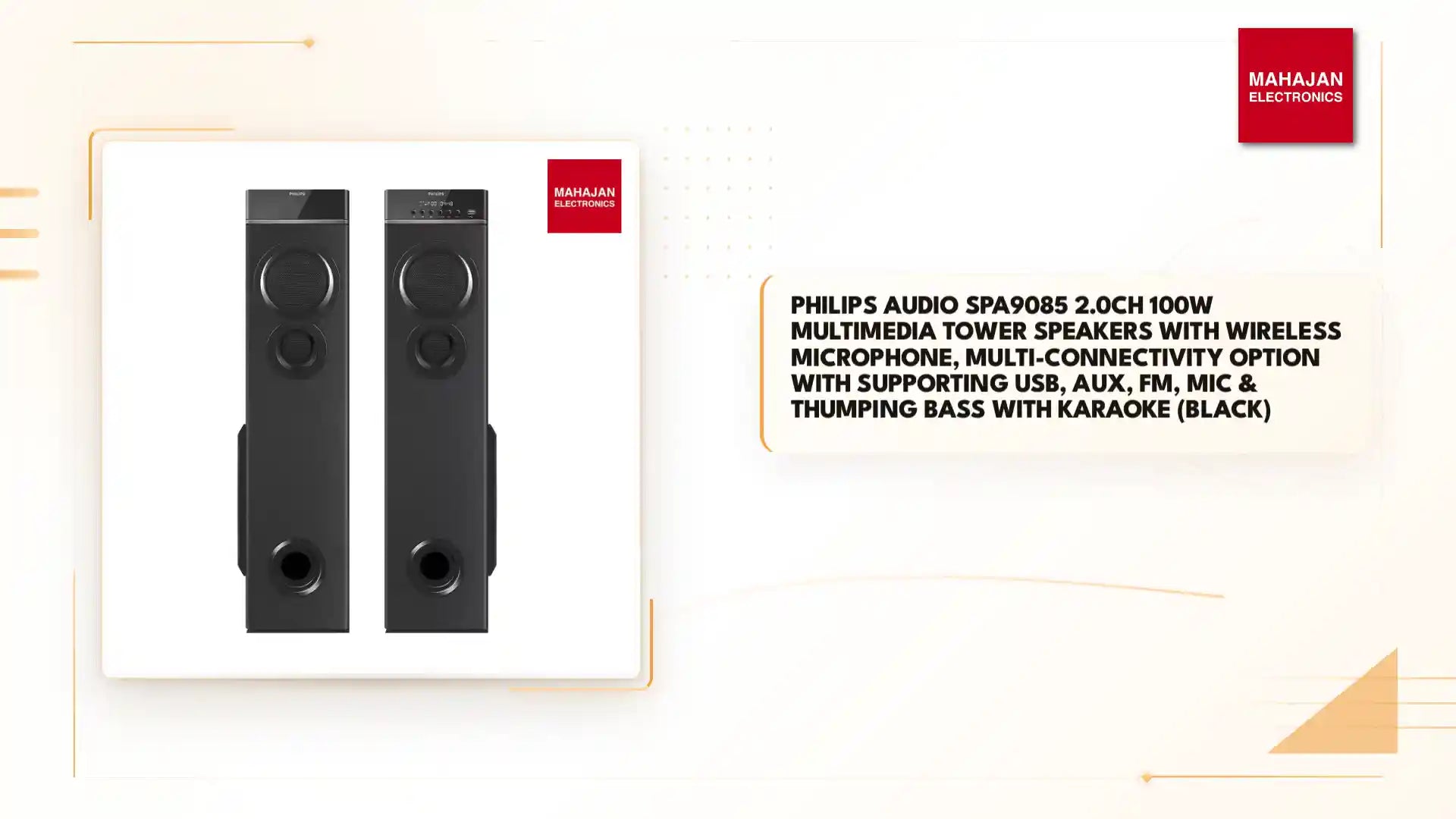 PHILIPS Audio SPA9085 2.0CH 100W Multimedia Tower Speakers with Wireless Microphone, Multi-Connectivity Option with Supporting USB, AUX, FM, Mic &amp; Thumping Bass with Karaoke (Black) by@Outfy