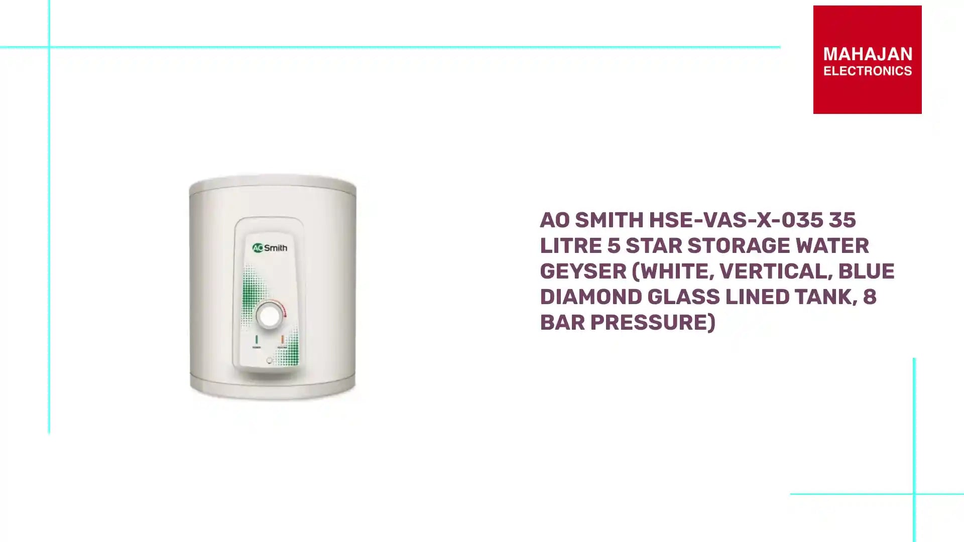 AO Smith HSE-VAS-X-035 35 Litre 5 Star Storage Water Geyser (White, Vertical, Blue Diamond Glass Lined Tank, 8 Bar Pressure) by@Outfy