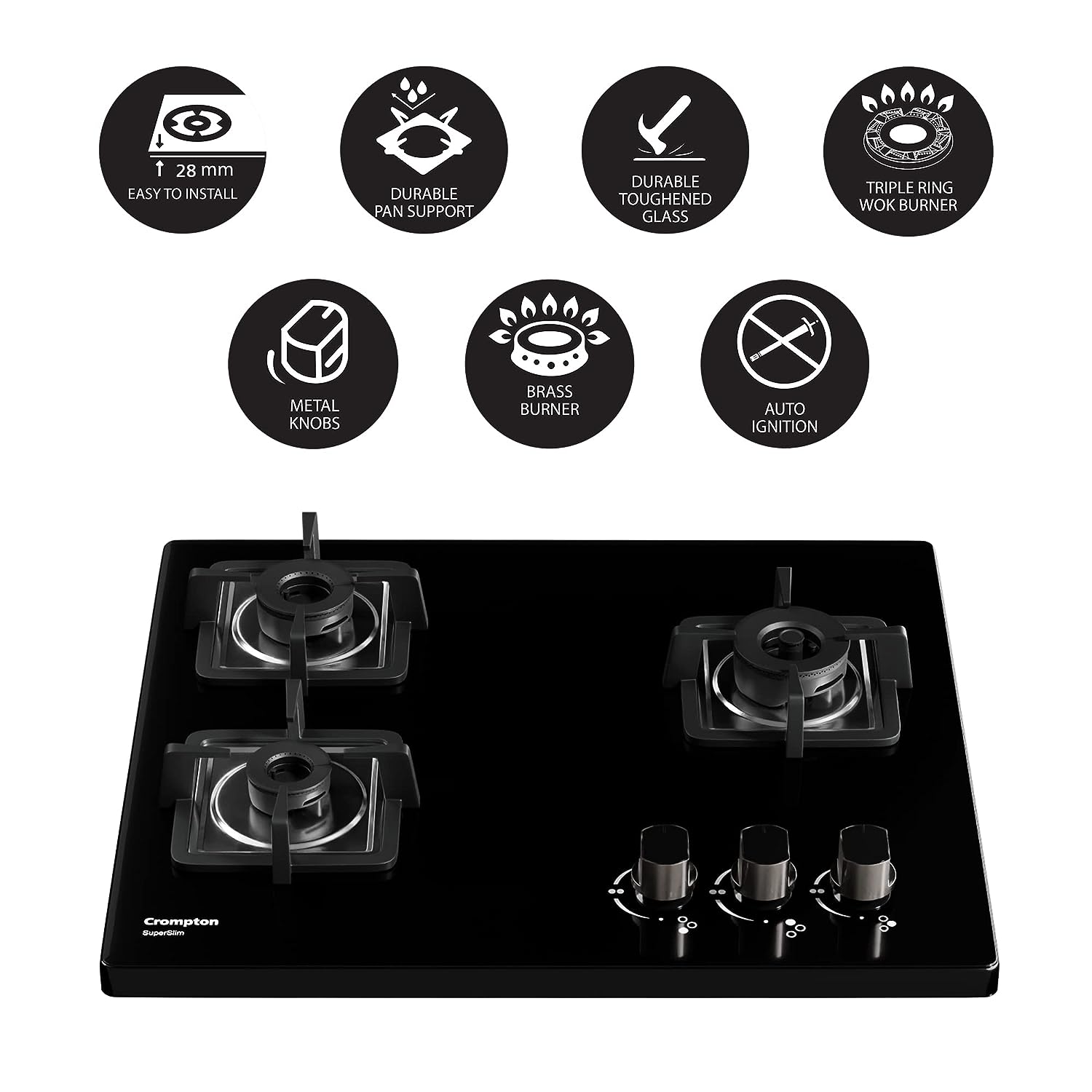 Crompton TAB-SUHB603-MBL SuperSlim Gas Hob 60cm 3burner - Mahajan Electronics Online