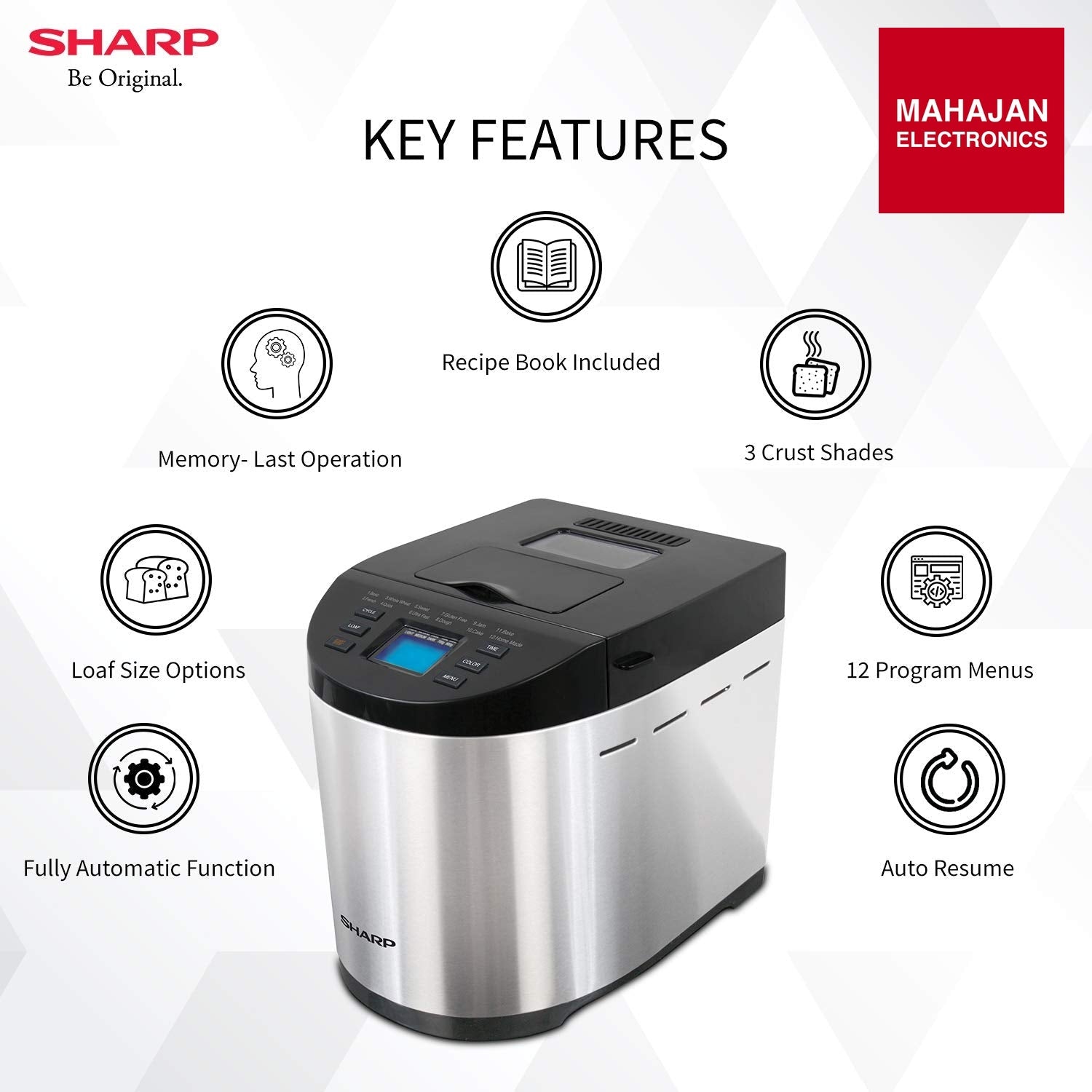 Sharp PE-105-CS Bread Maker (600W, 12 Auto Menus, Gluten-Free, Fruit & Nut Dispenser) | Mahajan Electronics Delhi NCR Sharp