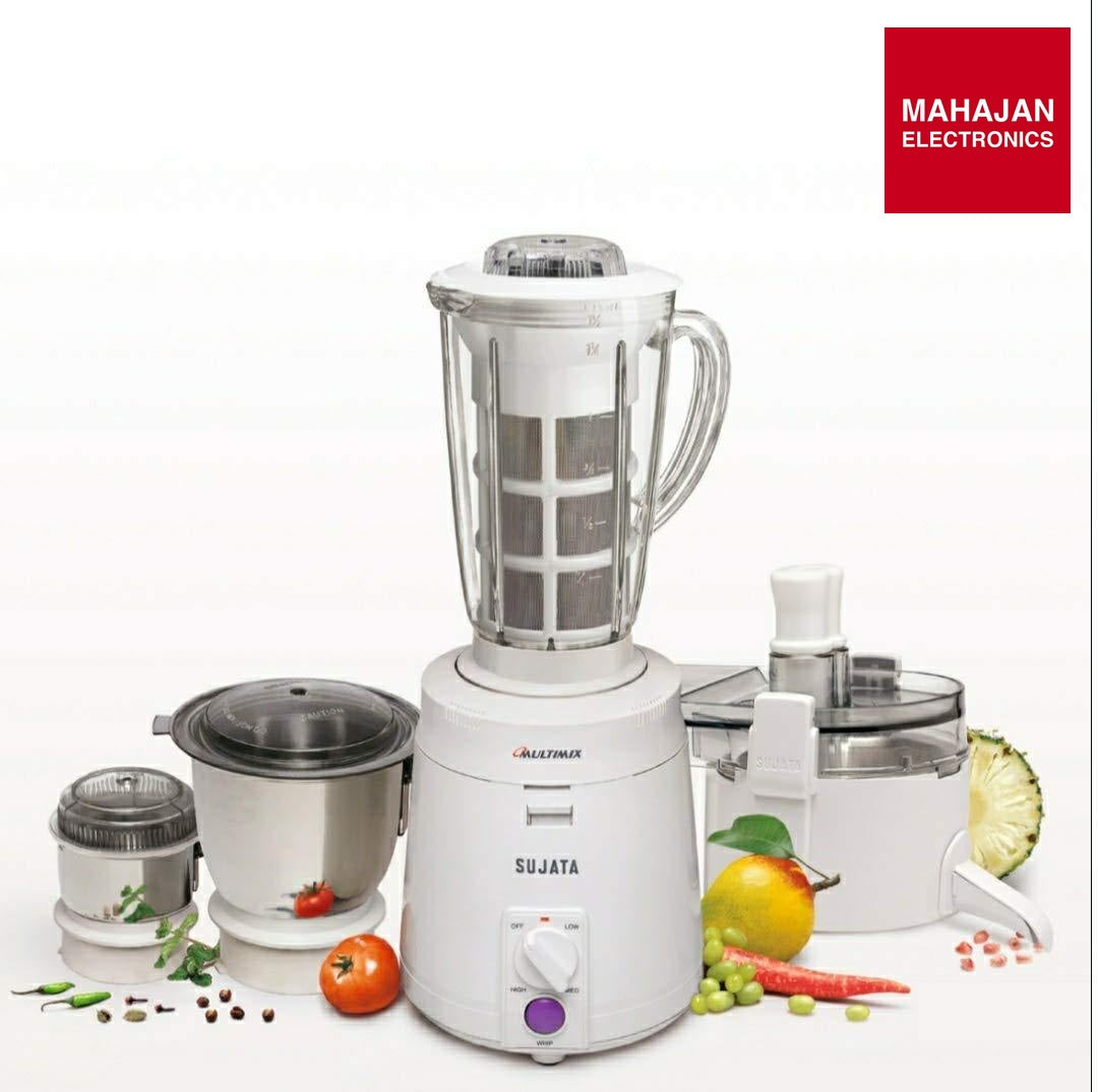 Sujata Multimix 900W Mixer Grinder with Juicer & Coconut Milk Extractor | 3 Jars, 22,000 RPM, 90-Min Continuous Run, Shock-Proof – White | Mahajan Electronics Sujata