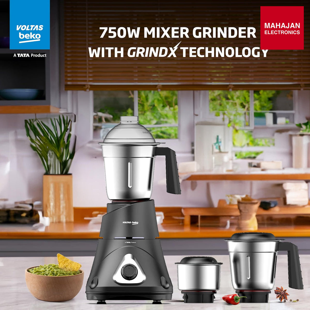 Voltas Beko G7503HP-BL 750 W Mixer Grinder with GrindX Technology & 3 Stainless Steel Jars (Black) – Mahajan Electronics Online.