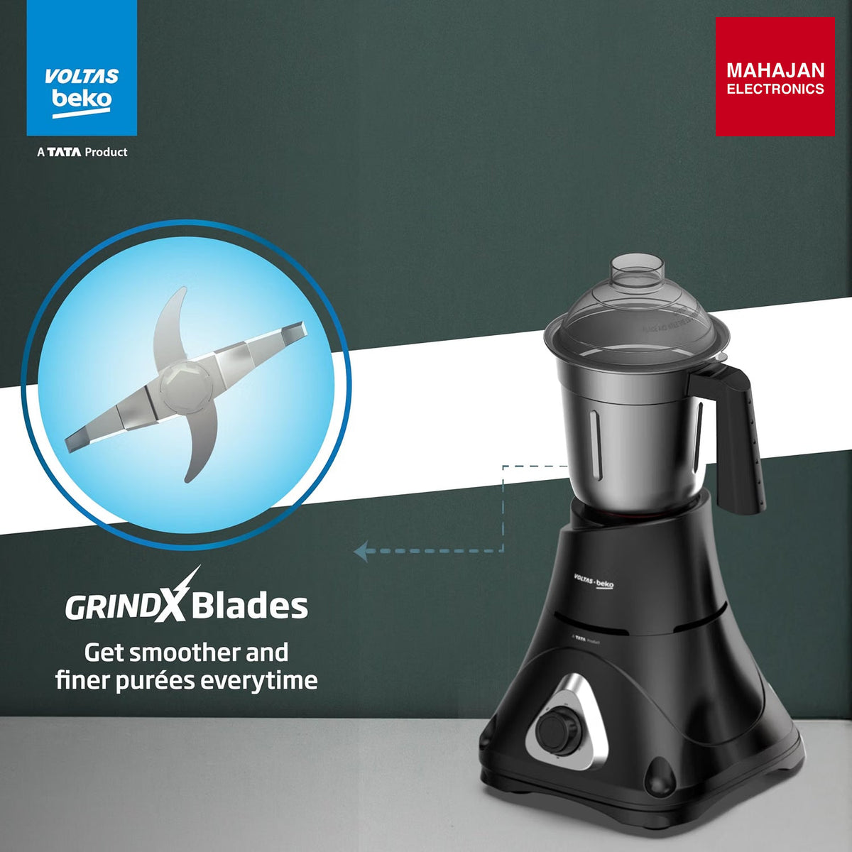 Voltas Beko G7503HP-BL 750 W Mixer Grinder with GrindX Technology & 3 Stainless Steel Jars (Black) – Mahajan Electronics Online.